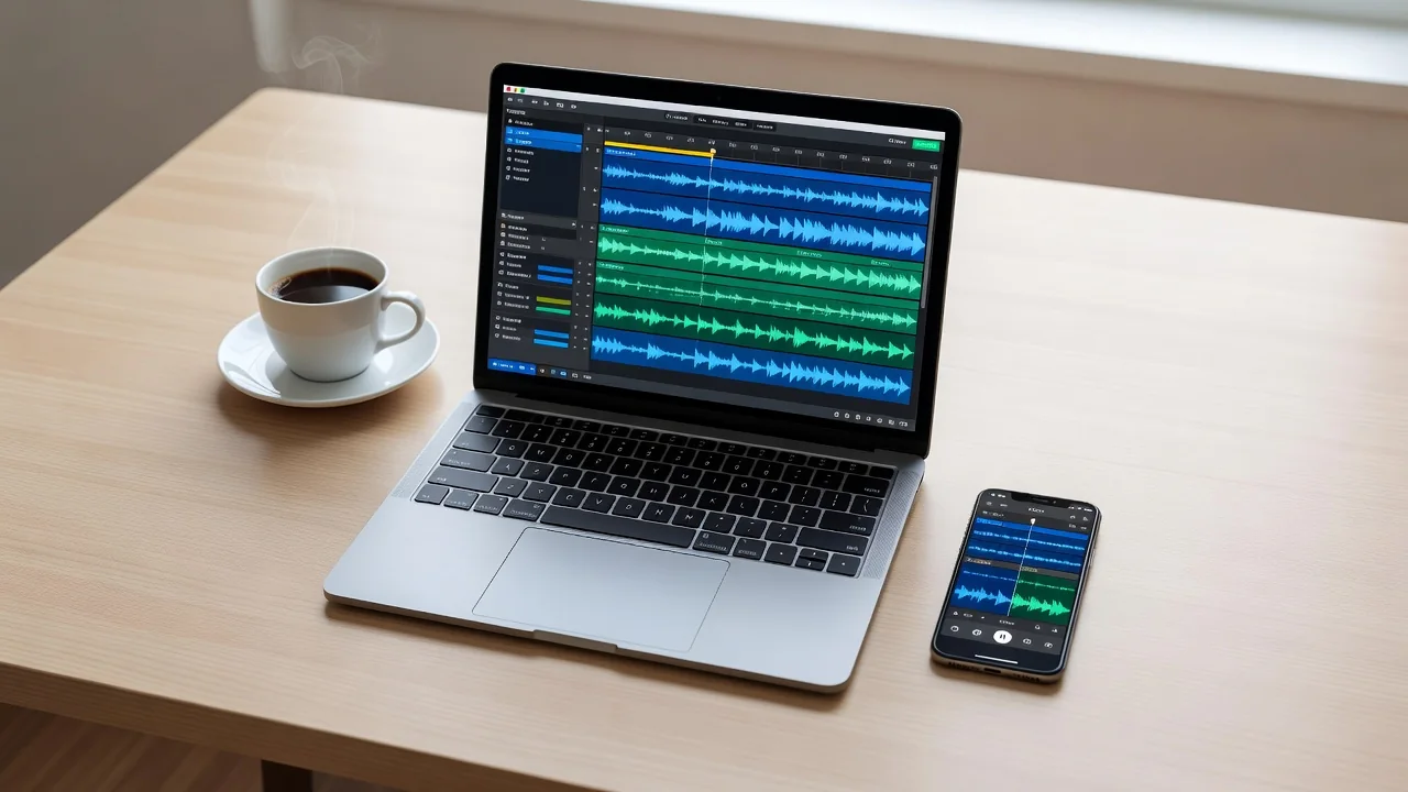 Top view of a smartphone and laptop showing audio editing software with a waveform