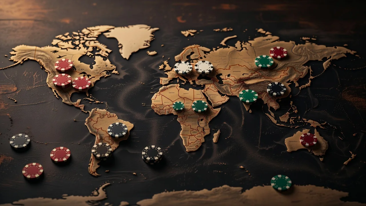 Casino chips placed on a world map across continents