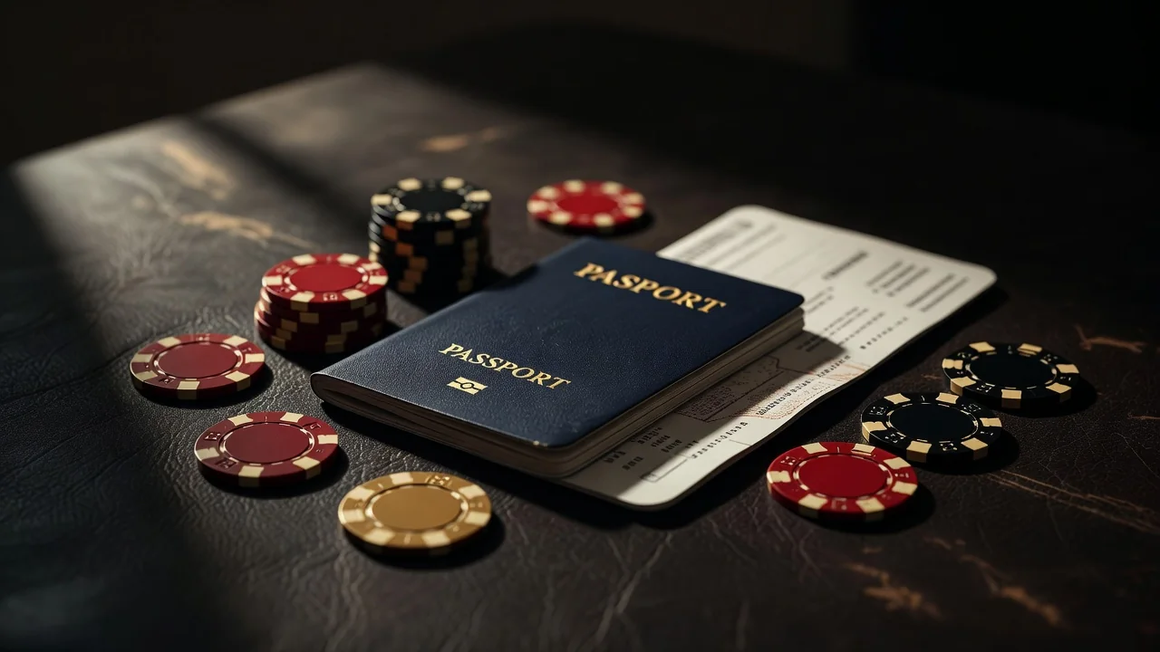 Passport, boarding pass and casino chips on dark leather