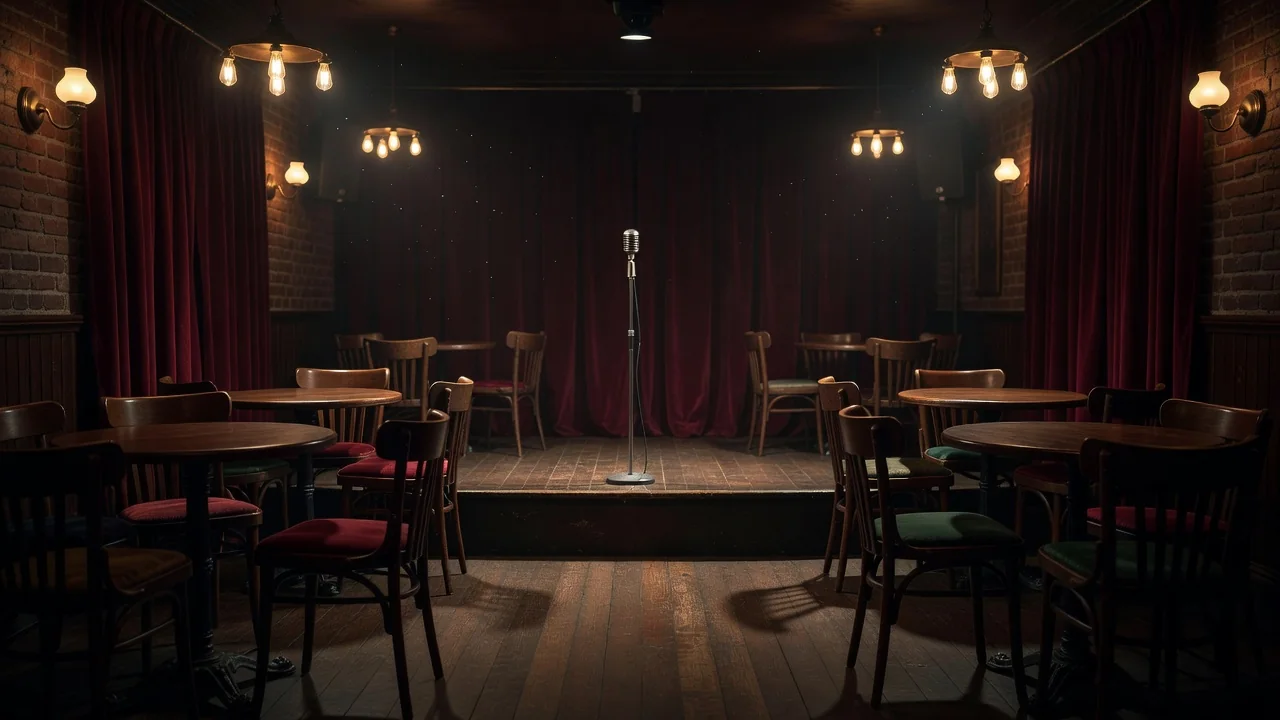 Empty intimate jazz club stage with a vintage microphone under warm lamps