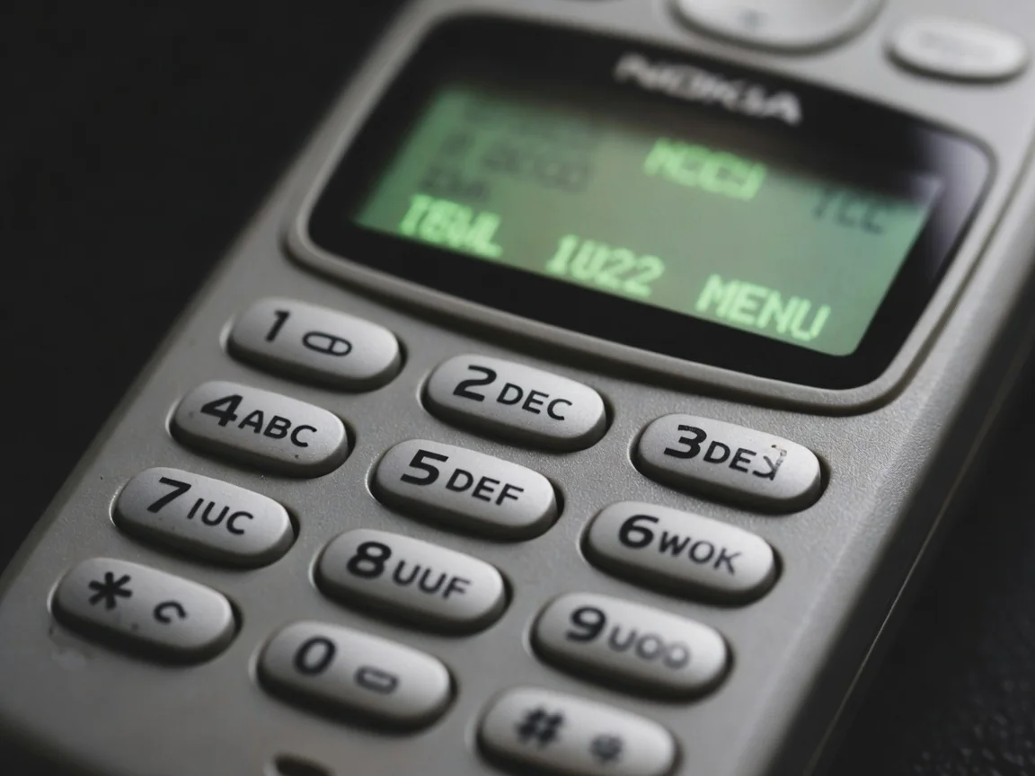 Close-up of a classic early-2000s mobile phone keypad with a small monochrome screen