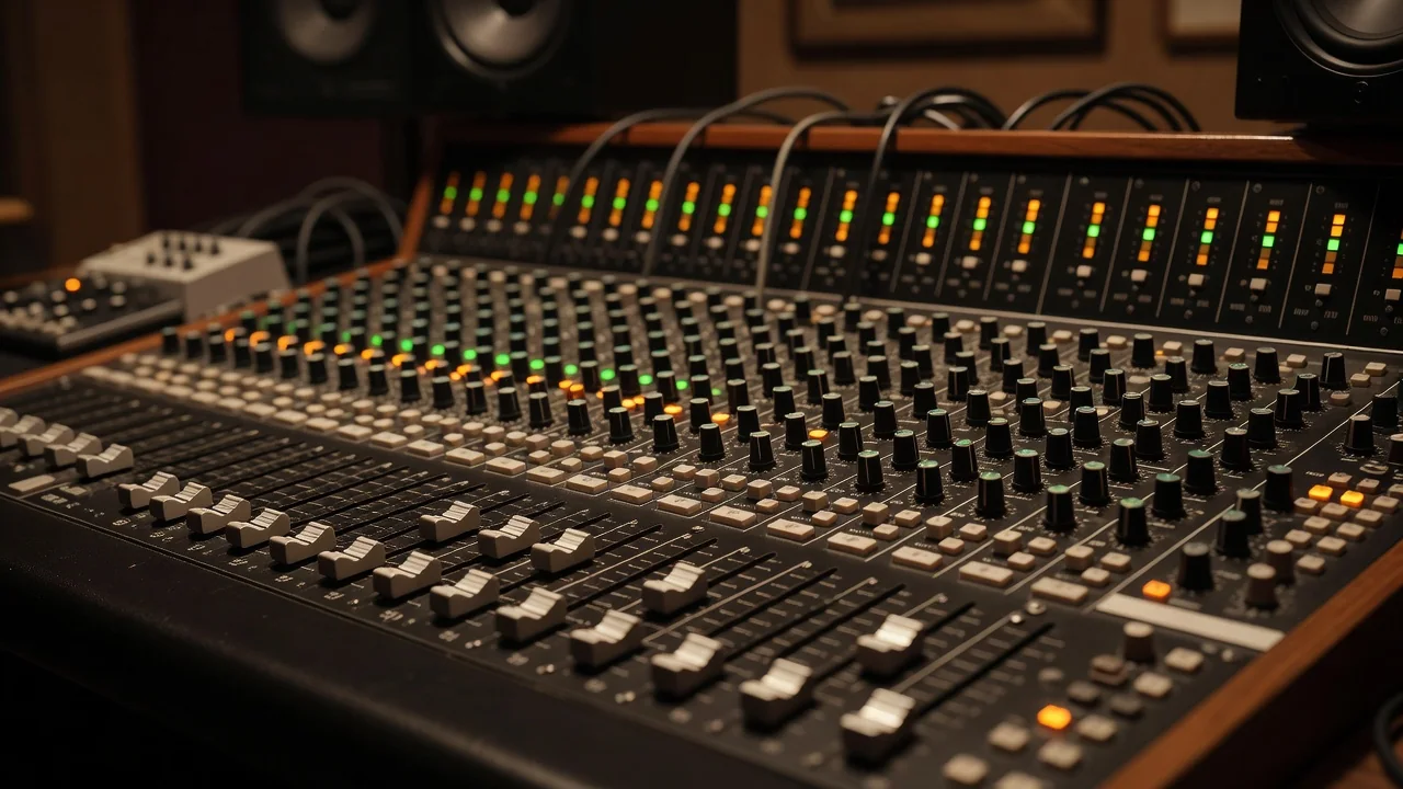 Close-up of a recording studio mixing console with glowing level meters