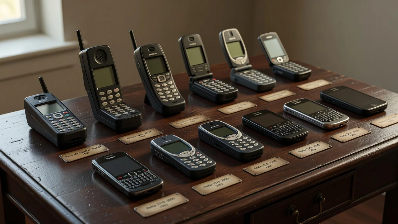 Row of mobile phones from a 1990s brick handset to a modern smartphone on a studio table