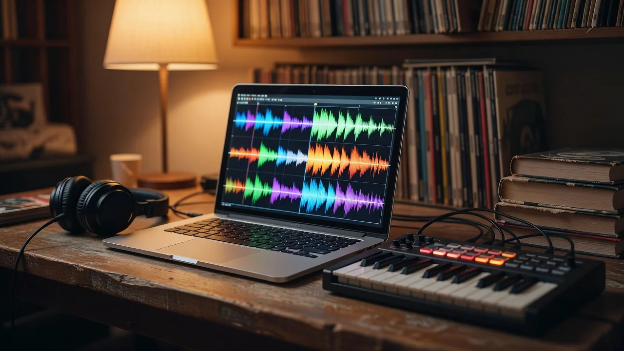 Audio waveform on a laptop screen next to a small MIDI keyboard